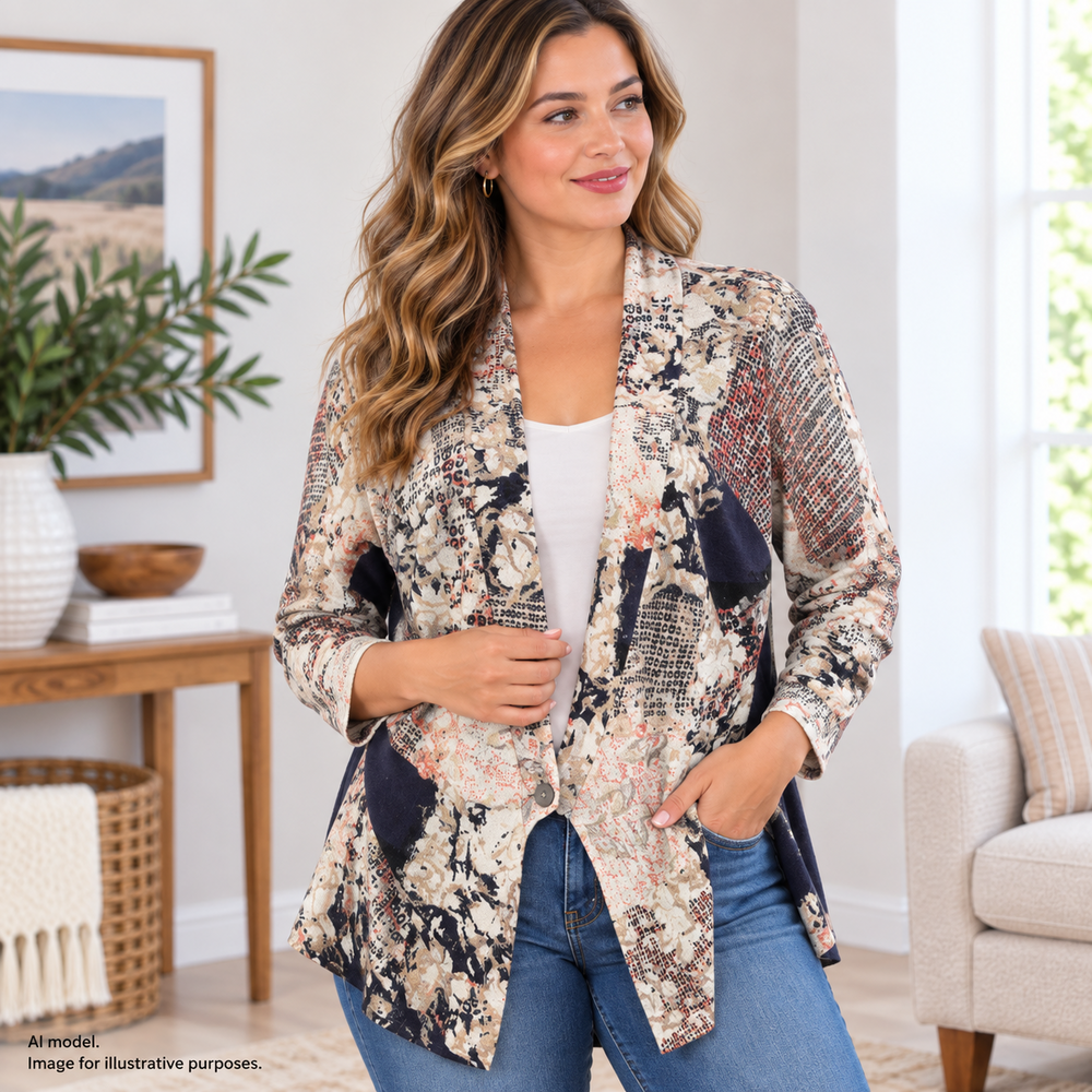 Nic+Zoe Sweater Womens Medium Multi Color Pattern Linen Blend Button Cardigan